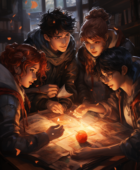 A group of adventurers researching something magical.
