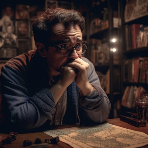 A dungeon master sitting at a table with maps and dice while looking anxious.