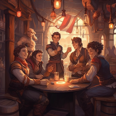 A group of adventurers in a tavern with a leader giving an inspirational speech.