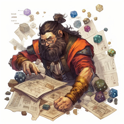 A player rolling dice and looking over their character sheets.