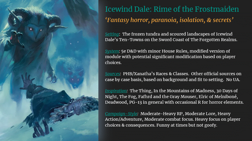 Animated GIF of the pitch deck I used in my Rime of the Frostmaiden Campaign.