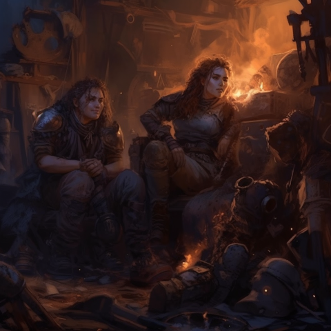 A human and dwarf woman resting amid piles of salvage.