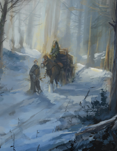 A horse drawn wagon traveling along a snowy road in the woods. A woman in heavy robes drives the cart while a man with a bow walks ahead of her on the road.
