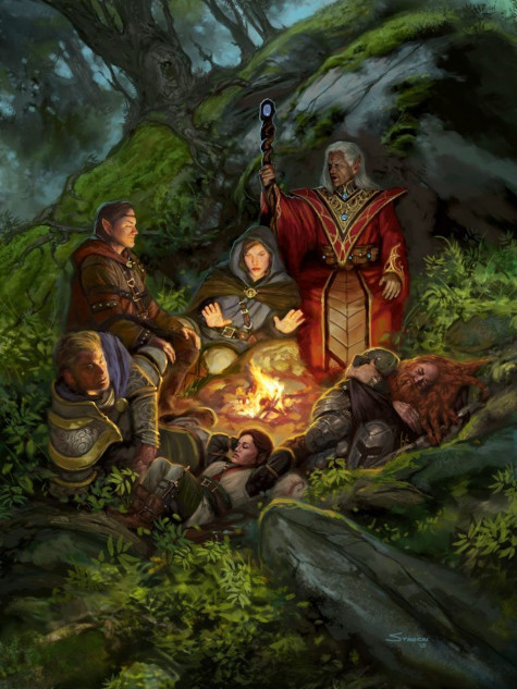 A mixed party of six adventurers resting by the campfire deep in the woods. Two appear to be wounded or exhausted.