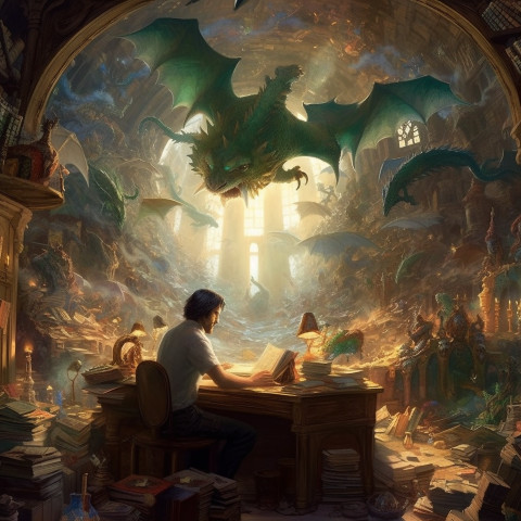 A man sitting at a desk writing while surrounded by fantasy imagines from their imagination.
