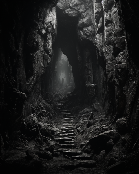A dark cave leading into a shadowy dungeon.