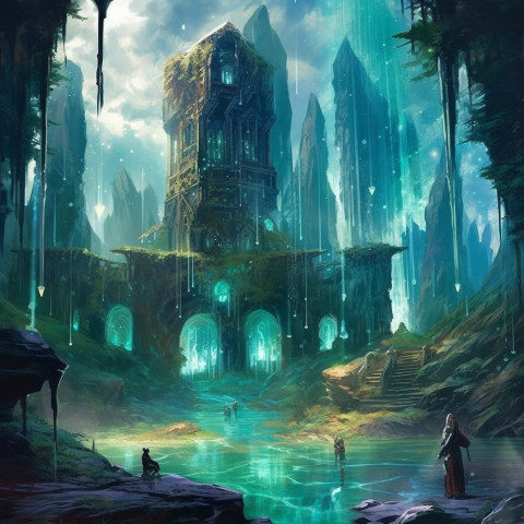 A massive ruin in an overgrown forest glows from the inside while crystal rain falls from the sky.