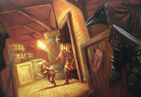 A rogue waiting in ambush with a dagger as a group enters the room.