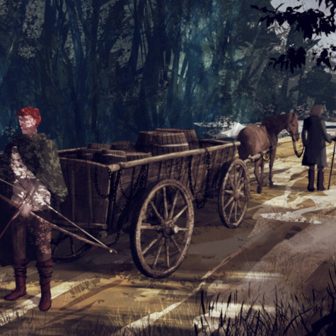 A road through lonely woods. Two mean guard a horse drawn wagon at the front and rear with bow and spear.