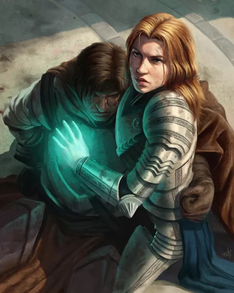 A blonde haired woman in plate armor, holding a wounded man in robes.  Her hand is glowing with magical energy and her face looks determined.