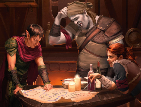 A group of adventurers leaning over a table, seemingly confused by a map they are looking at