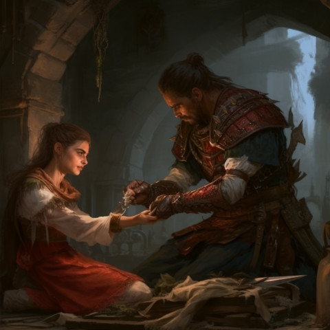 A man in armor kneeling next to a young woman who is holding her arm out to receive healing.