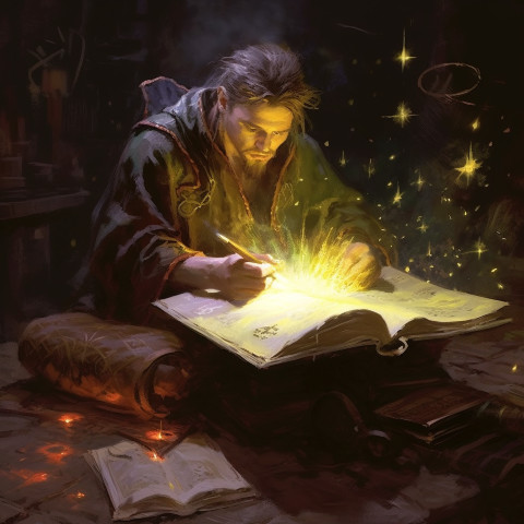 A young adult wizard sitting at a desk and writing in a book with magic energy around them.