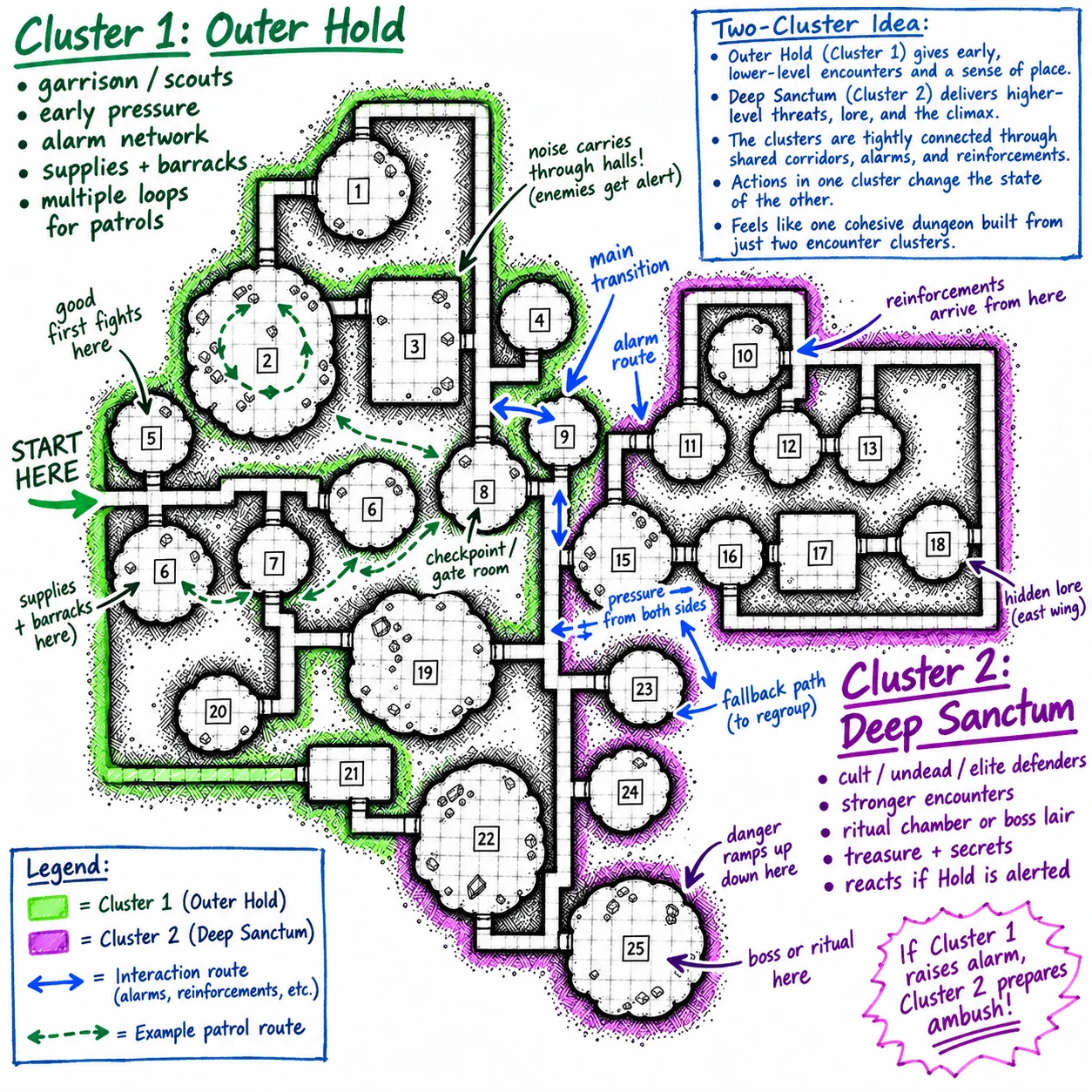 Hand-drawn map of a two-cluster dungeon. The green Outer Hold on the west holds the entrance, garrison, barracks, and patrol loops; the purple Deep Sanctum on the east holds cult and undead defenders, hidden lore, and a boss or ritual chamber. Several passages cross the narrow seam between them, marked as alarm, reinforcement, and fallback routes.