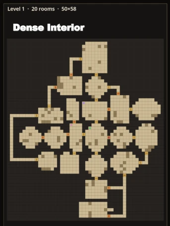 Dense interior dungeon layout produced by the generator: rooms packed against each other with doors in shared walls and almost no corridor.