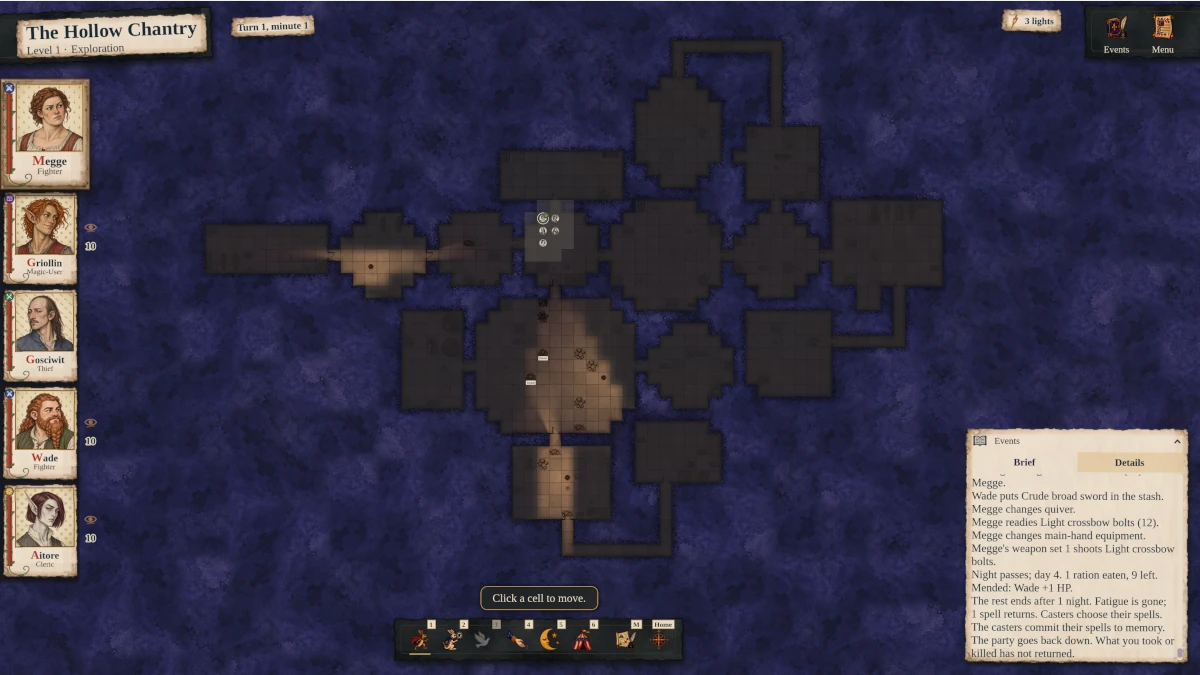 Exploration view of The Hollow Chantry, a level one dungeon in Grimshaw. Dark stone rooms and corridors sprawl across an inky blue background, with torchlight spilling through the explored chambers around the party's tokens. Portrait cards for Megge, Griollin, Gosciwit, Wade, and Aitore run down the left side, an action bar sits at the bottom, and an events log on the right reports the party resting a night and heading back down.