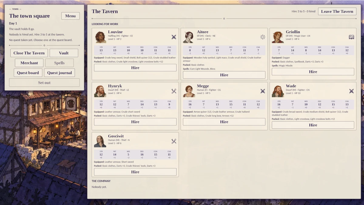 Grimshaw's tavern recruitment screen on day one. Seven generated adventurers are looking for work, each on a card showing race, class, alignment, hit points, ability scores, and starting gear: Louvine the halfling fighter, Aitore the elf cleric, Griollin the elf magic-user, Hynryk the dwarf thief, Megge the human fighter, Wade the dwarf fighter, and Gosciwit the human thief. A town square menu sits on the left, and the company list below reads Nobody yet.